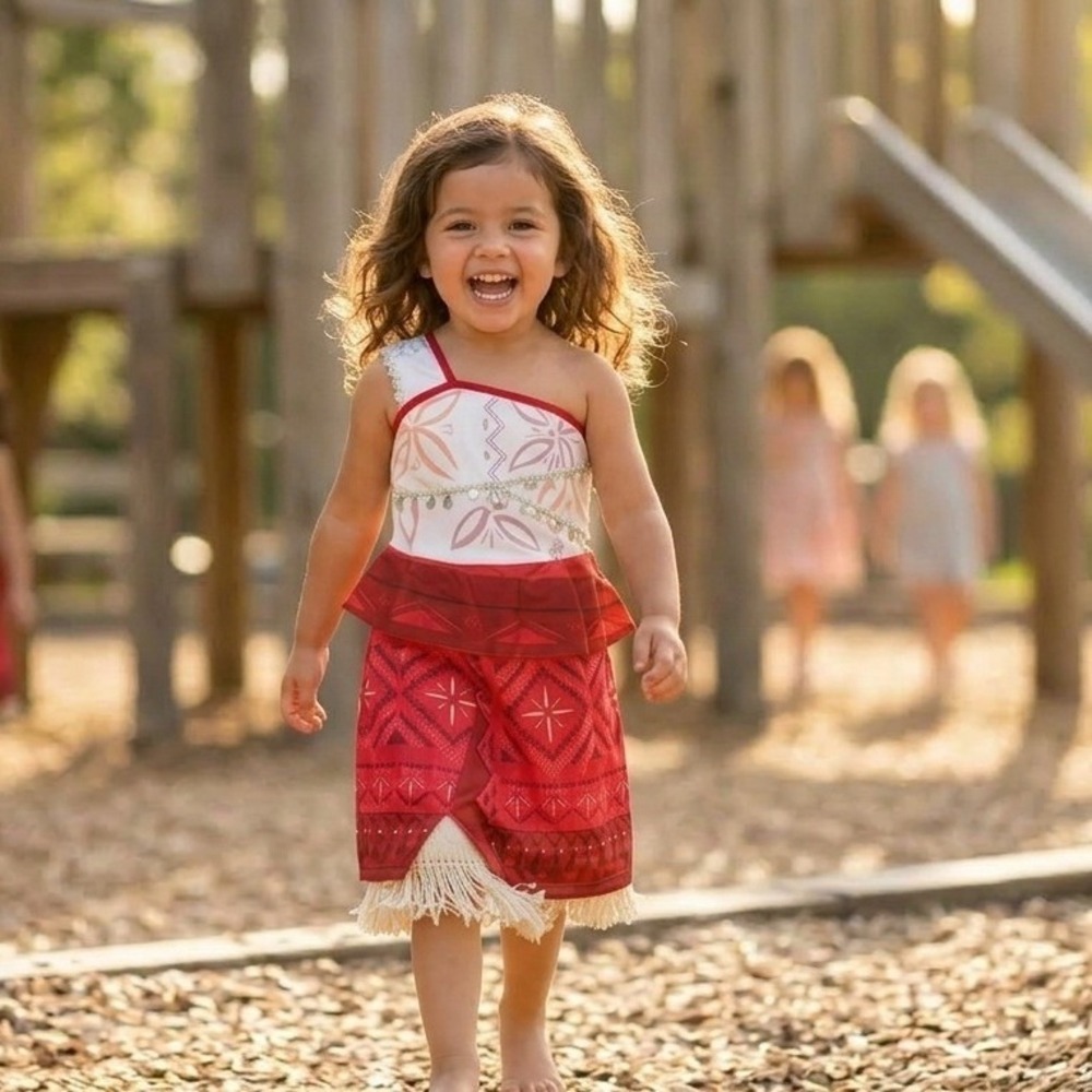Disney Moana Inspired Costume Dress Red White One Shoulder Fringe Toddler 110